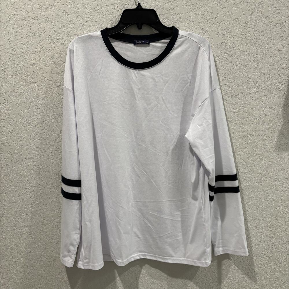 Sampeel Womens XL White Navy Striped Sleeve Long Sleeve Casual Stretch Top